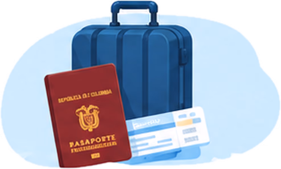 Ilustración de una maleta azul con un pasaporte de la República de Colombia y un boleto de viaje delante.
