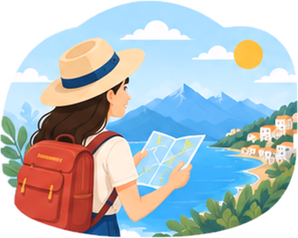 Mujer con sombrero y mochila roja mirando un mapa mientras observa un paisaje con montañas, mar, casas y arbustos bajo un cielo azul soleado.