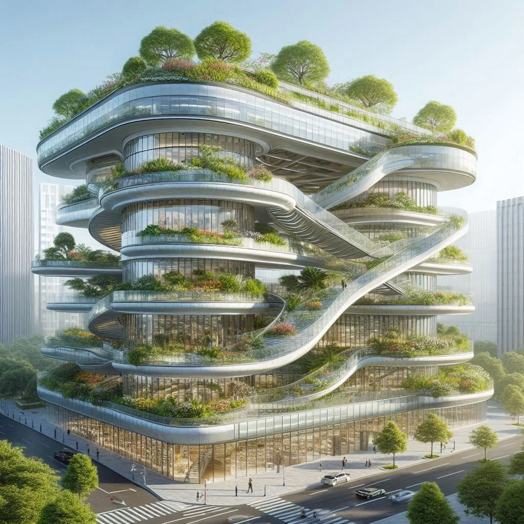 Concept illustration of planted terraces on a contemporary building