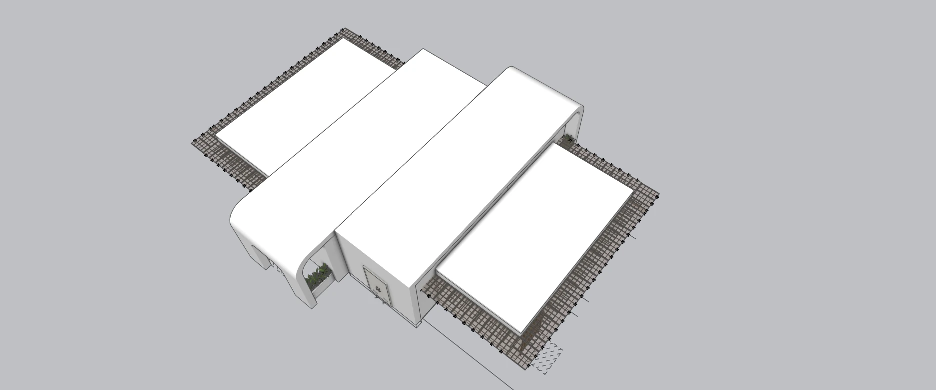 Top-down design-phase 3D model of the Veterans Park restroom and storage building roof layout.