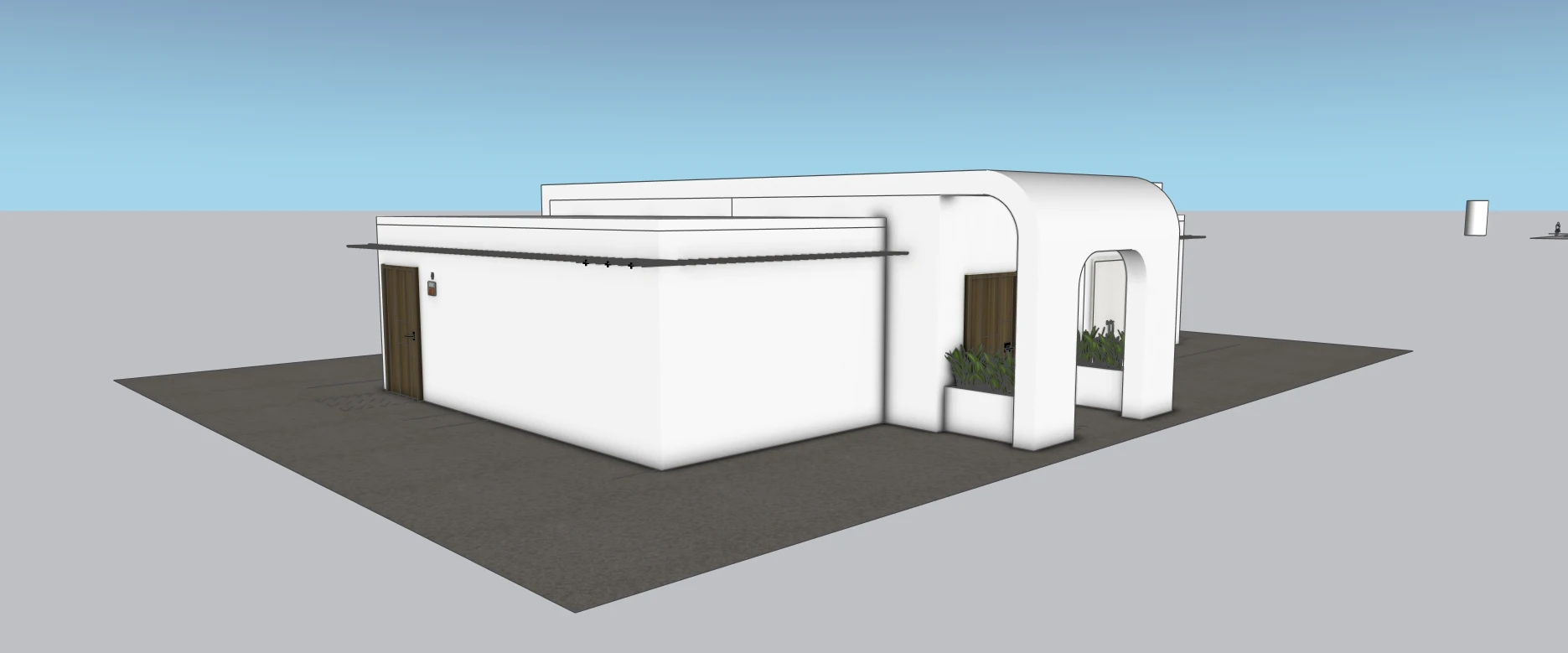 Design-phase 3D model of the Veterans Park restroom building showing its curved entry and low roof forms.
