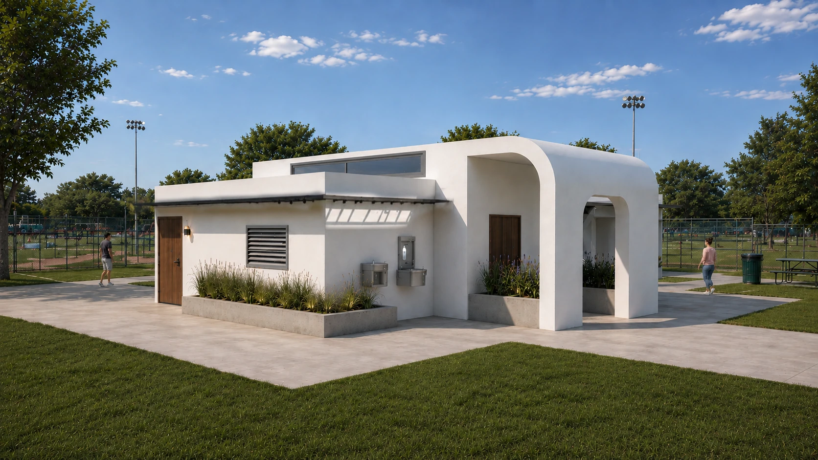 Architectural rendering of the proposed Veterans Park restroom building in Bell Gardens, with curved entry portals, drinking fountains and planting.