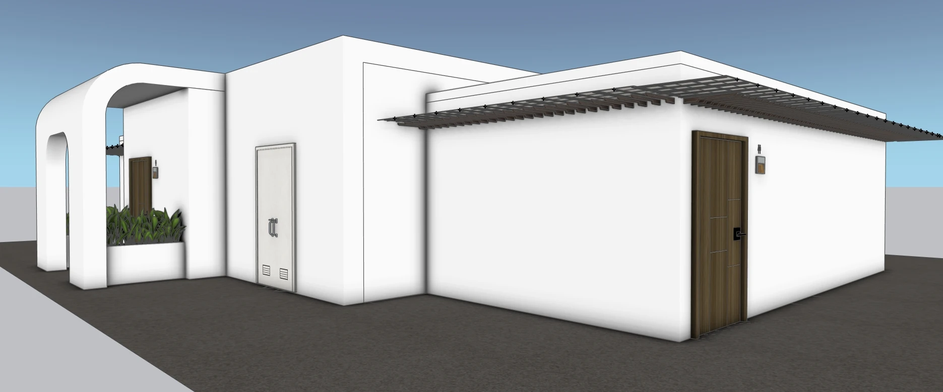 Detailed design-phase 3D model view of the entry portal, doors and perimeter shade screen.