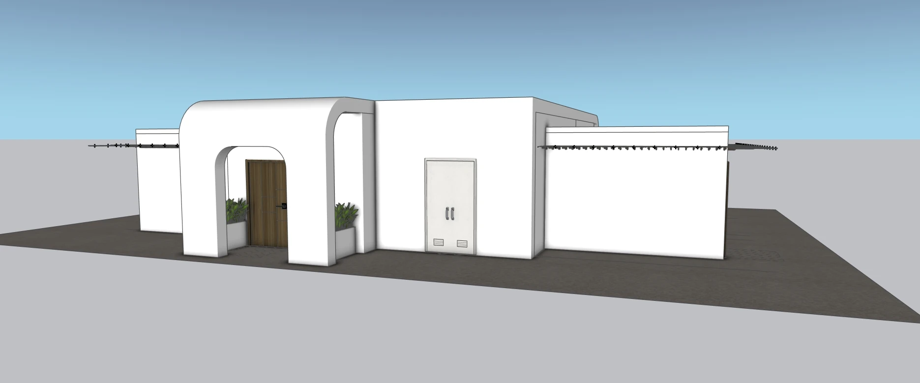 Front design-phase 3D model view of the Veterans Park restroom and storage building.