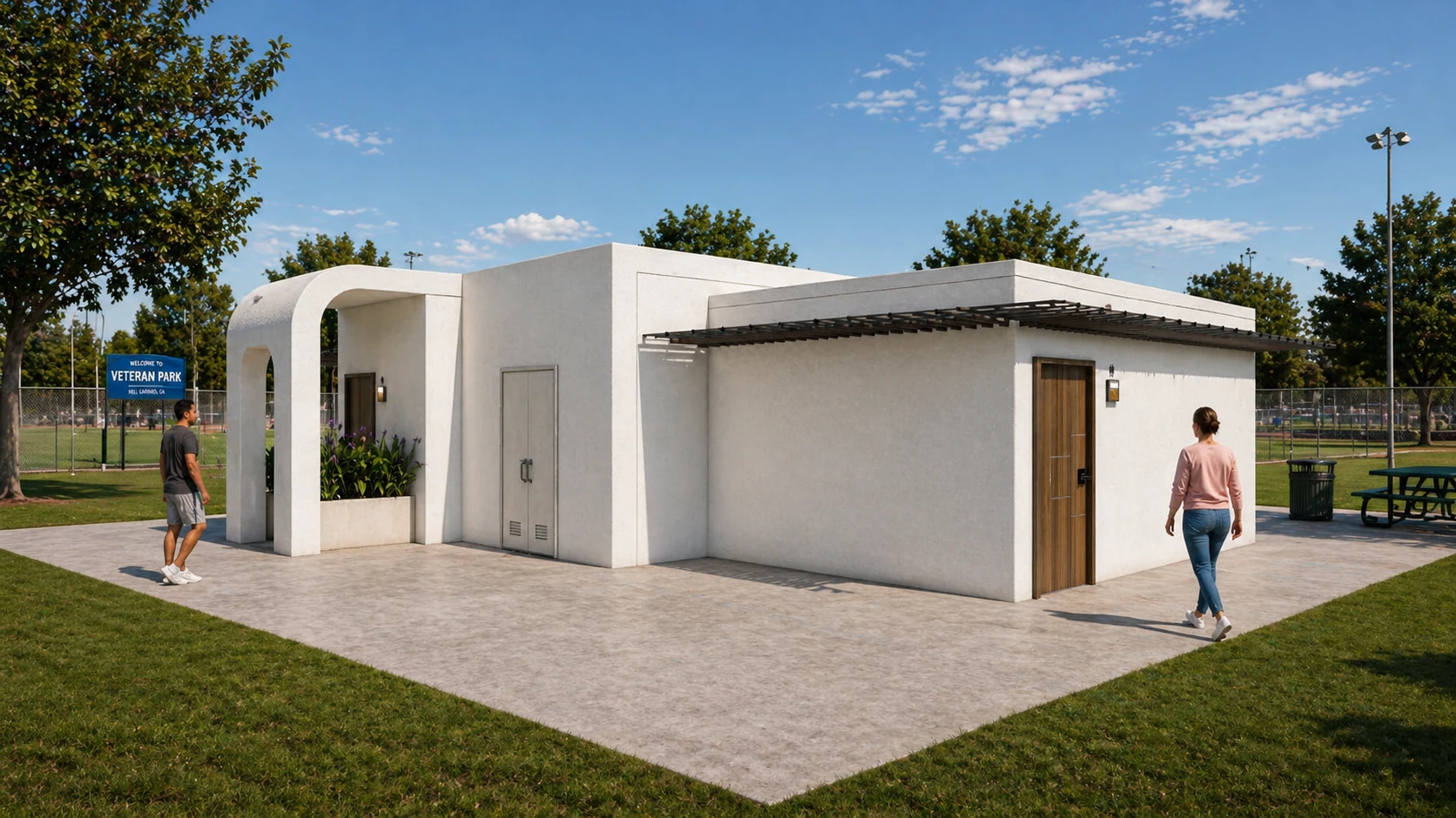 Exterior architectural rendering of the proposed Veterans Park restroom and storage building, showing entry portals and shaded building edges.