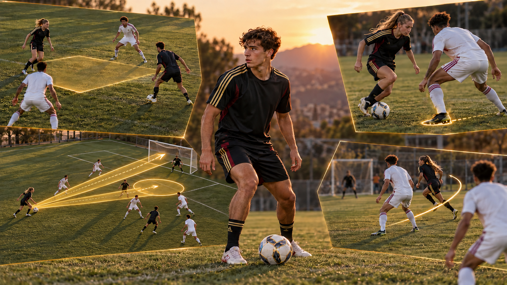 Illustrative TotalCore iQ soccer decision-making and player development scenes.