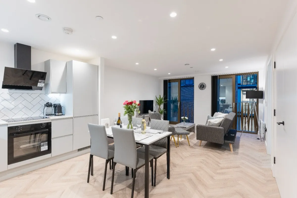An open-plan kitchen and living space in an Ancoats, Manchester city centre apartment managed by Kammili Properties