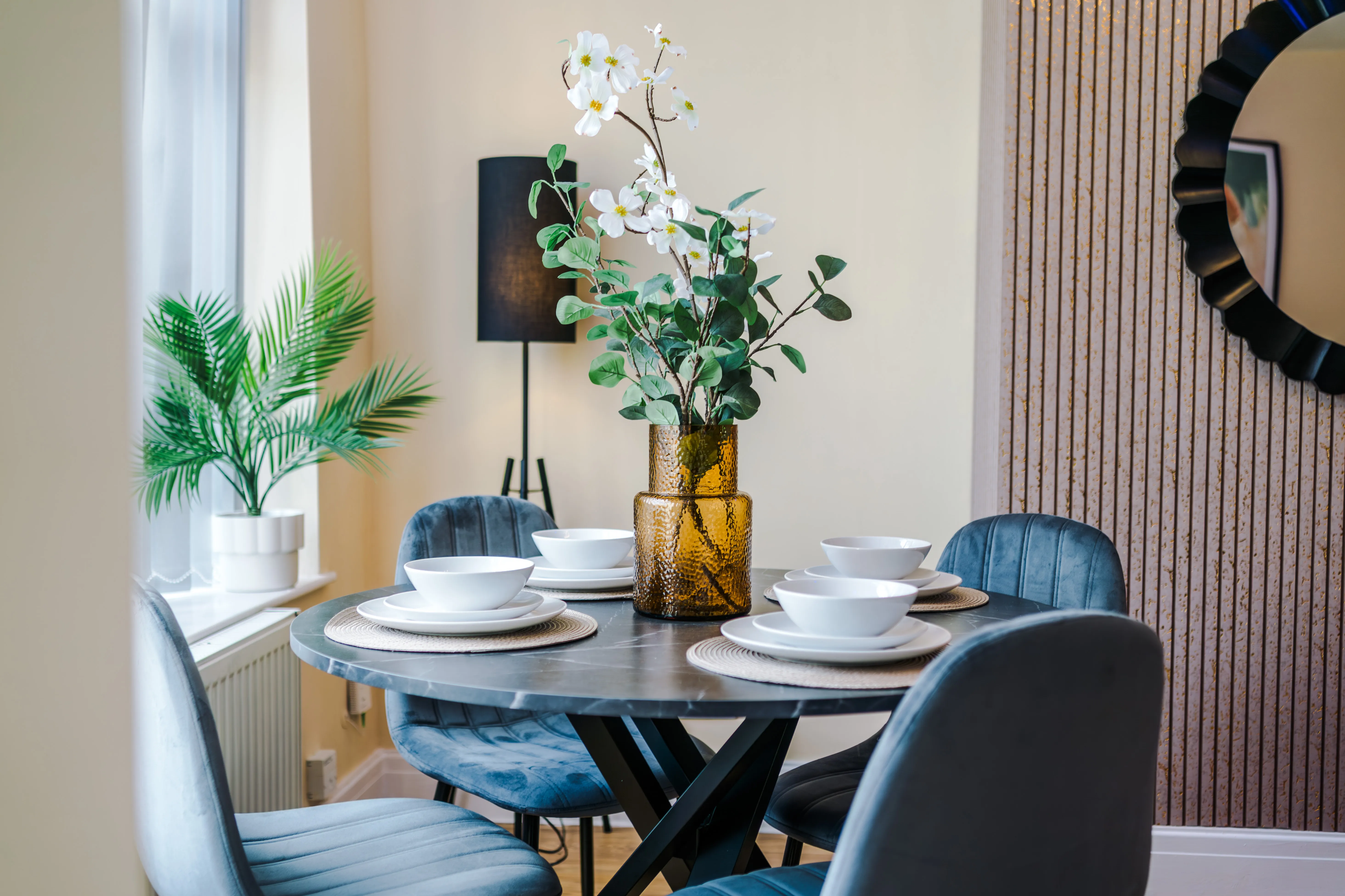 A bright, professionally styled short-let living room managed by Kammili Properties