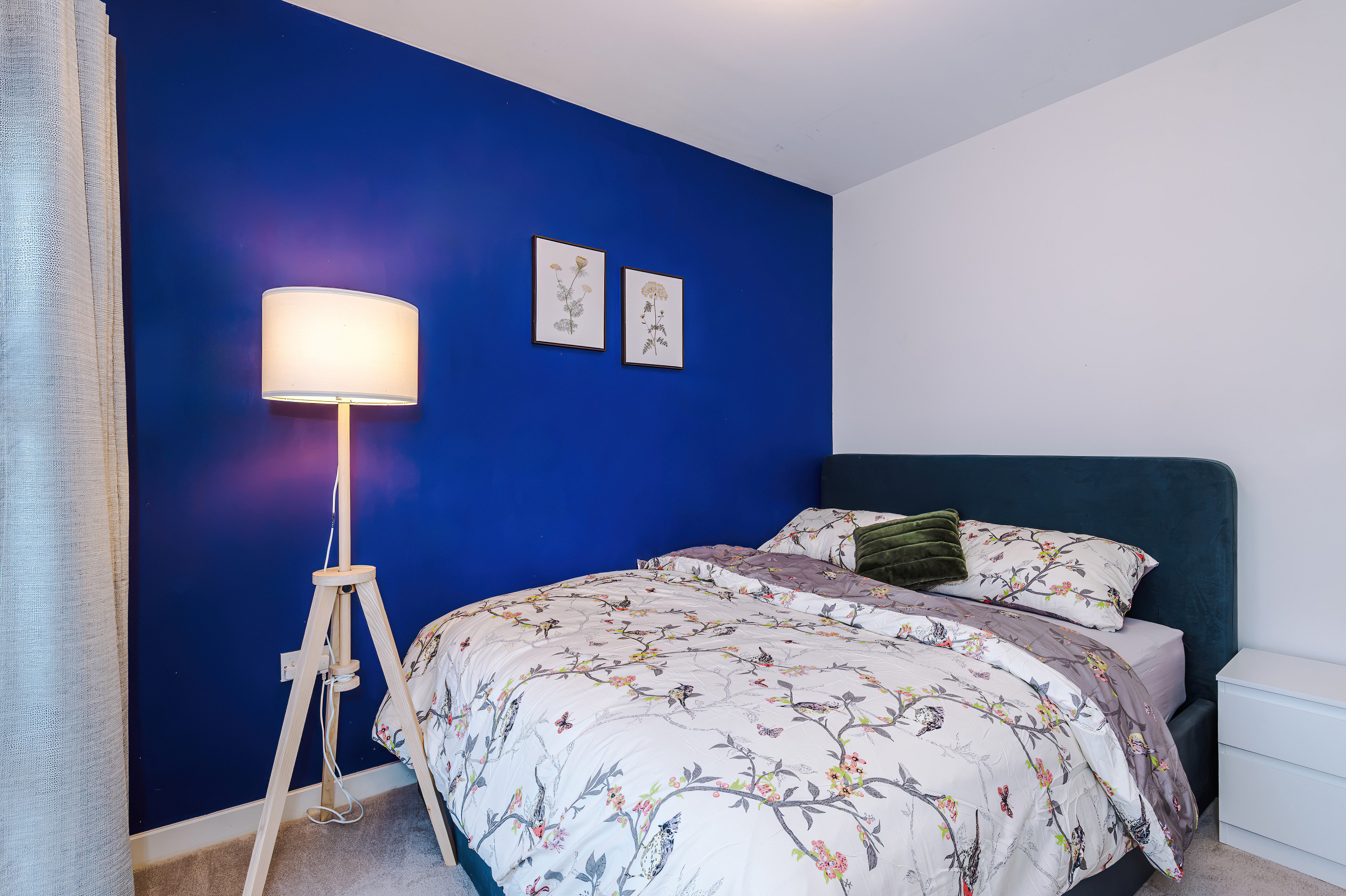 Double bedroom with a navy feature wall