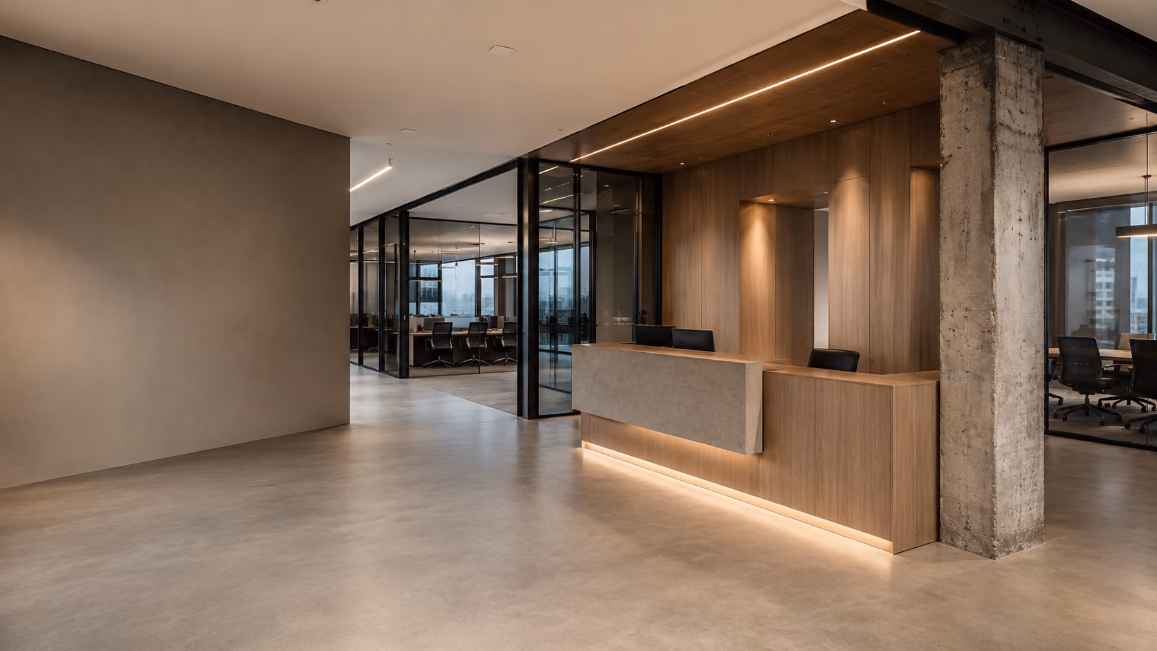 Modern office lobby with a wooden reception desk, concrete pillar, and glass-walled conference rooms.