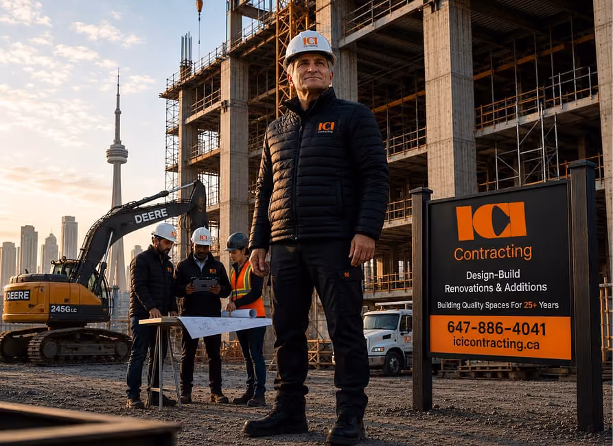 Construction workers in safety gear reviewing plans at a building site with an ICI Contracting sign.