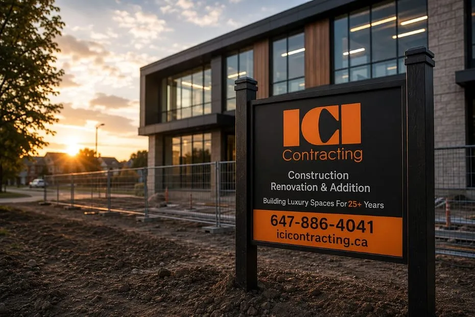 ICI Contracting sign at a construction site with sunset and modern building in the background.