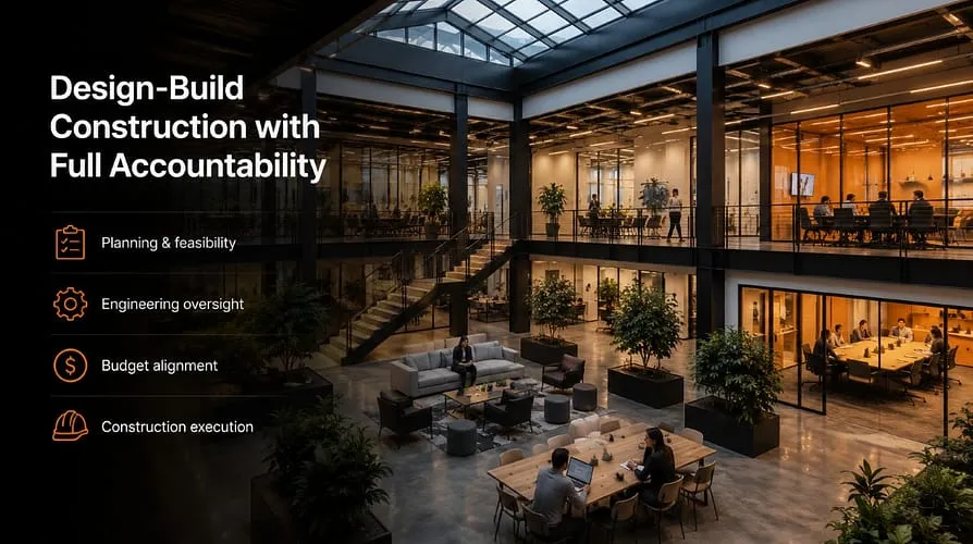 Modern office building interior with people working, stairs, and glass-walled meeting rooms.