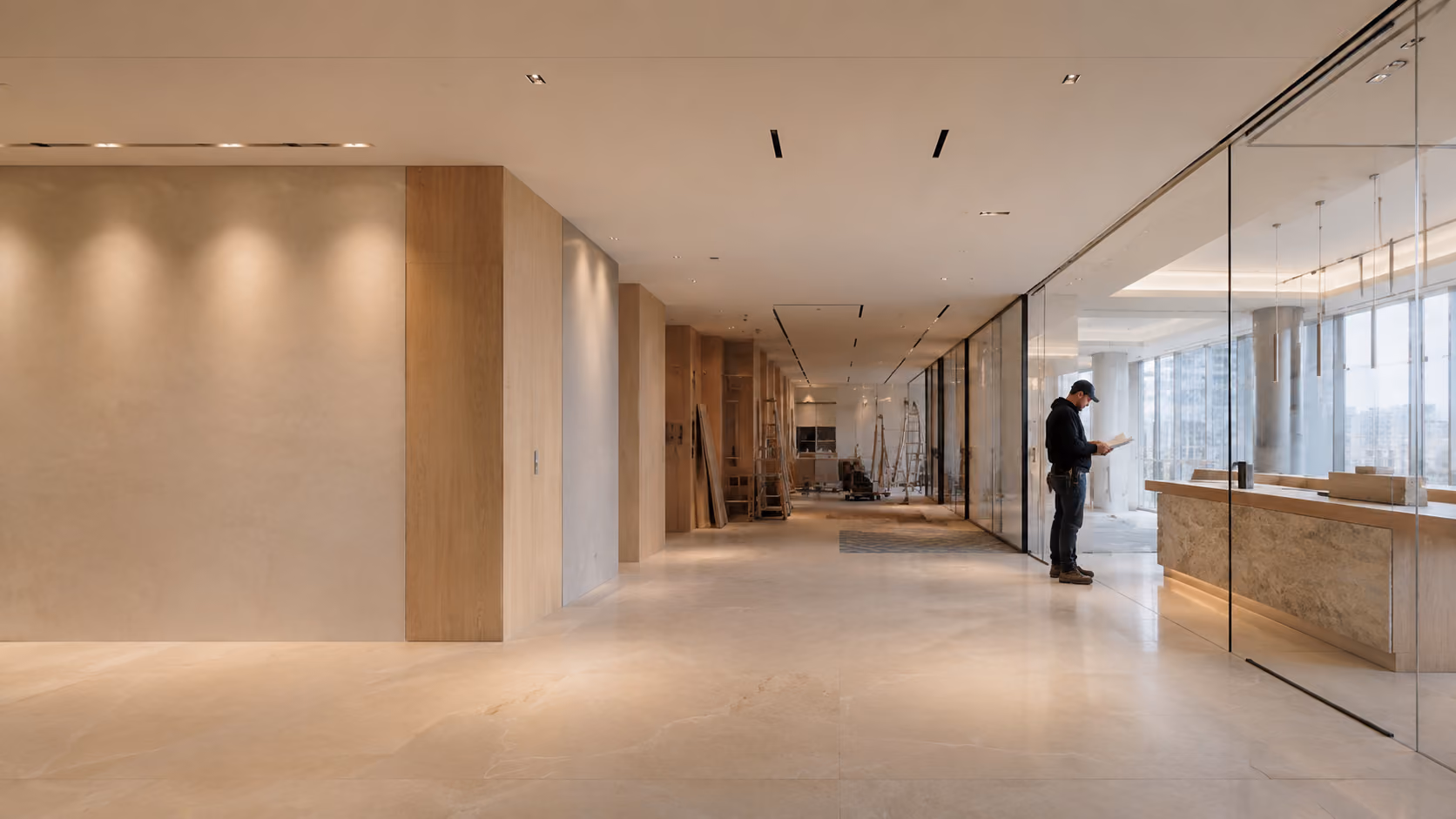 Spacious commercial interior under construction with laminated glass walls and a worker reading papers.