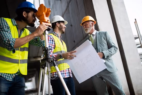 Three construction professionals wearing hard hats discussing a blueprint at a building site.