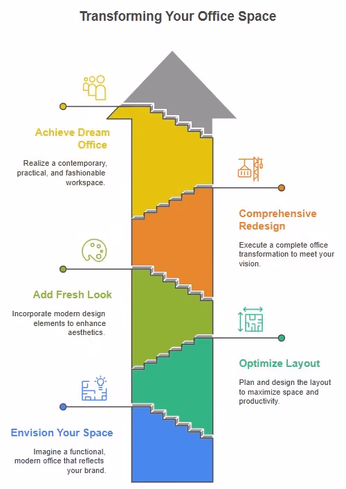Infographic arrow with steps for transforming office space: dream office, redesign, fresh look, layout, and envision space.