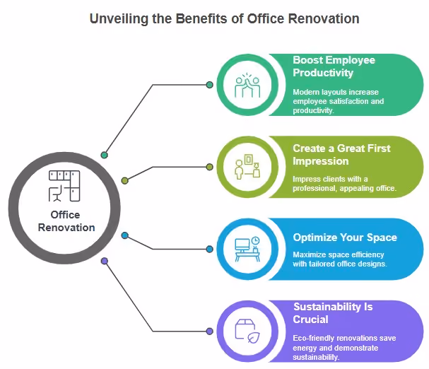 Infographic showing office renovation benefits: boost productivity, create first impression, optimize space, sustainability.