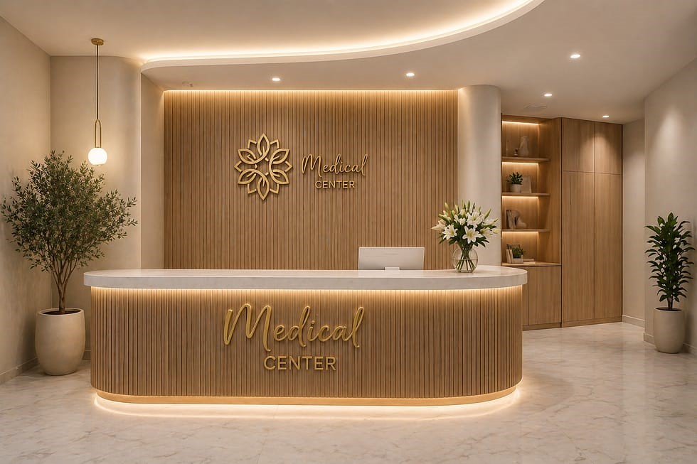 Modern medical center reception with wooden desk, plants, warm lighting, and flower vase.