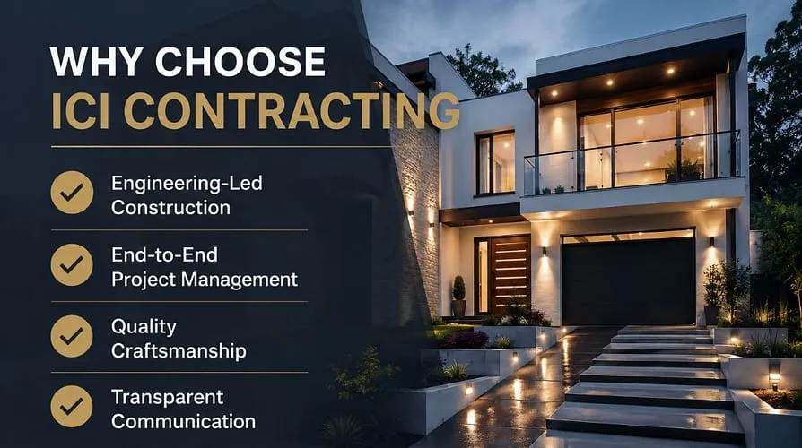 Modern house lit at dusk with text listing benefits of ICI Contracting services.