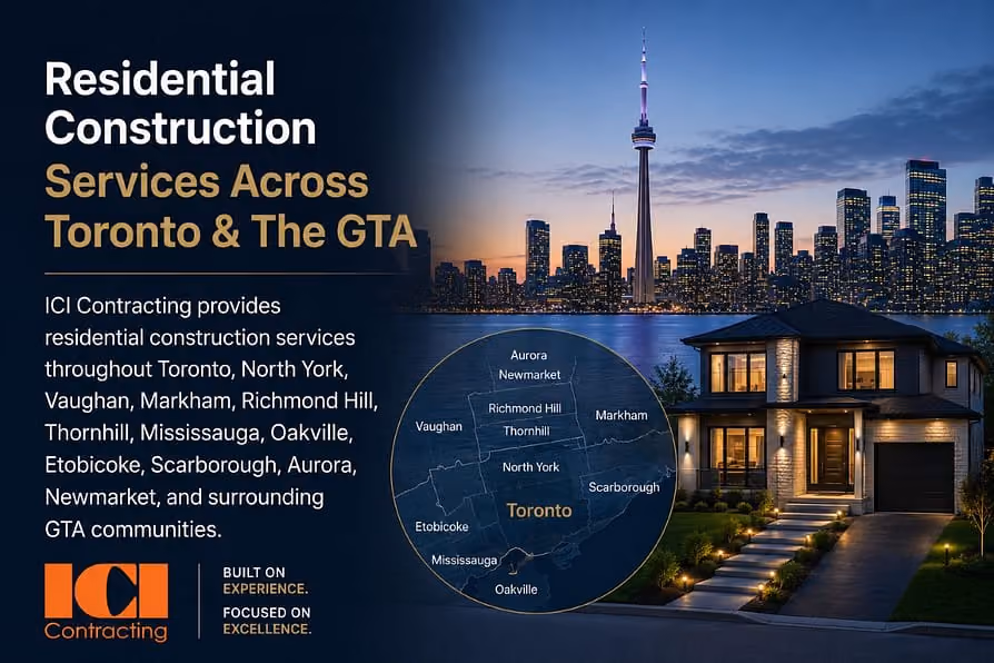 Residential construction services offered in Toronto and GTA areas shown on city skyline and map.