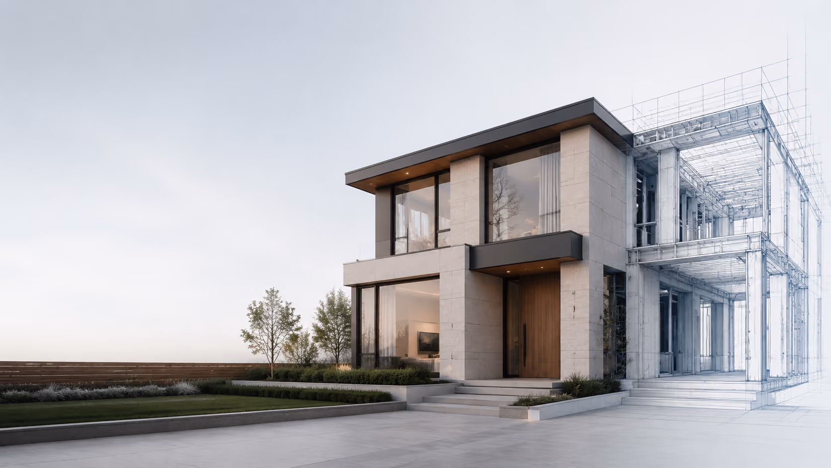 Modern two-story house with large windows and a wooden door next to a digital wireframe structure.