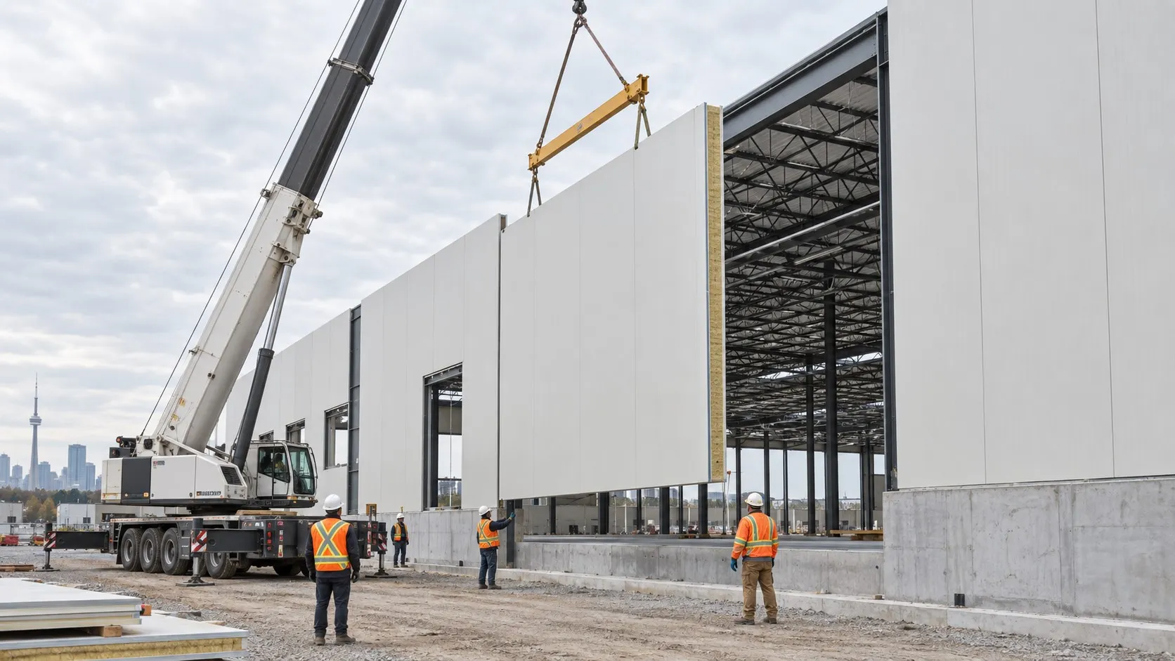 A crane lifts a large white insulated wall panel to be installed on a building under construction, with four construction workers wearing orange safety vests and white helmets guiding the panel.