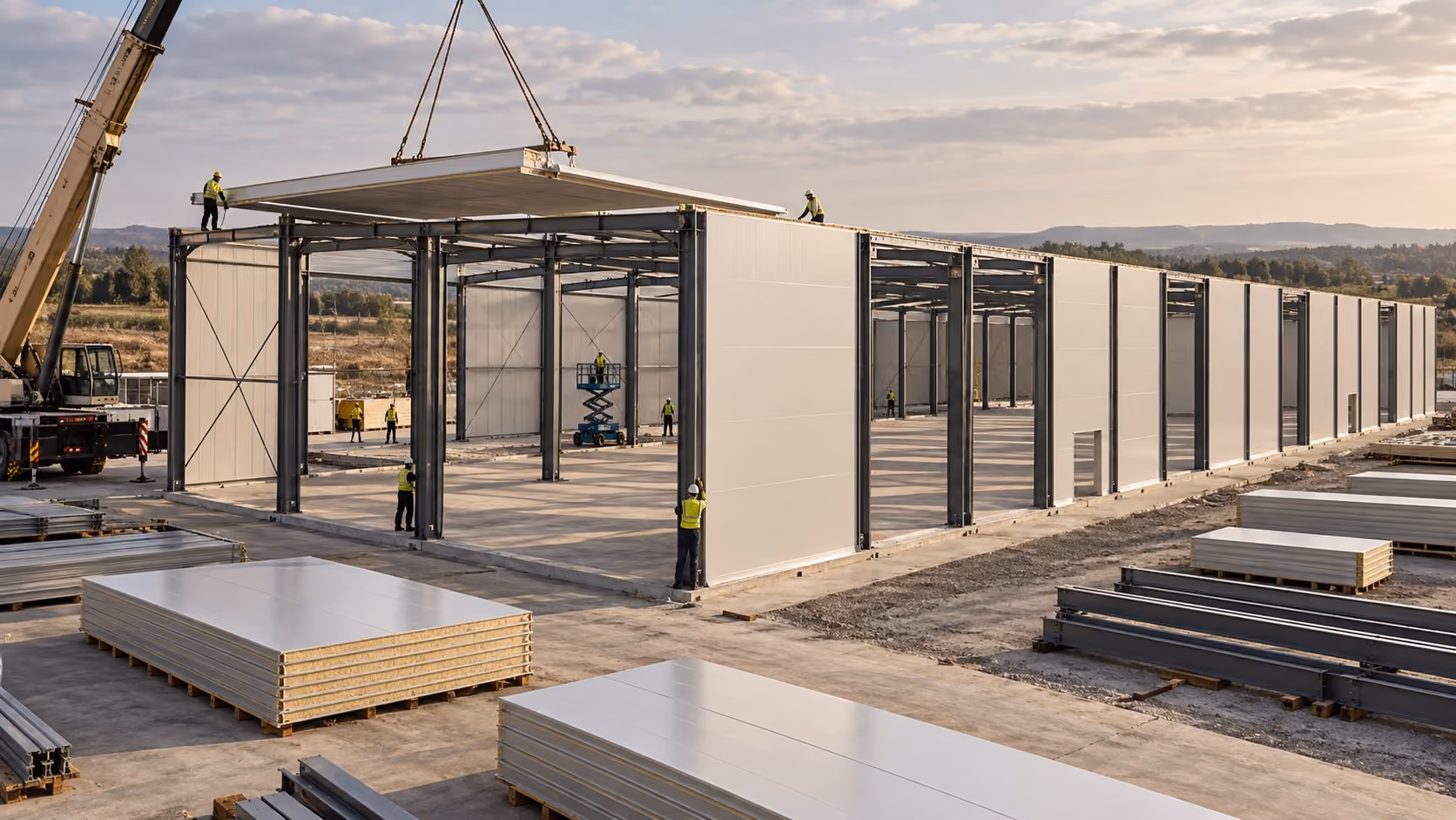 Construction site where workers in safety gear are assembling a large industrial building frame with metal panels and a crane lifting a panel onto the roof.
