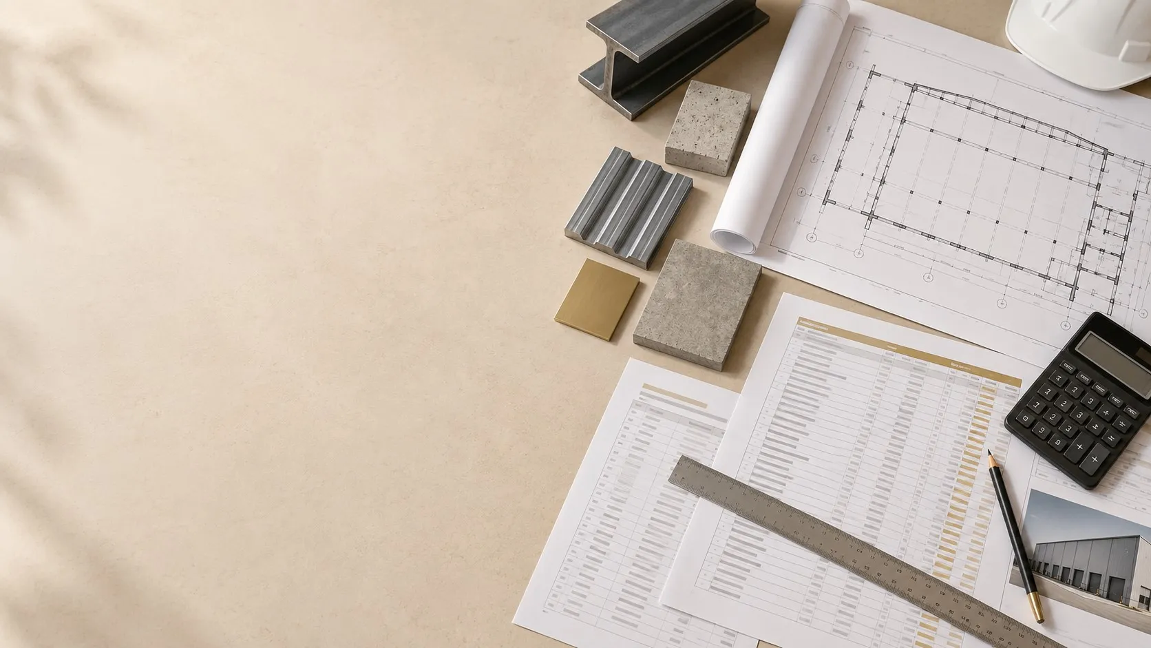 Architectural and construction planning workspace with rolled blueprints, material samples including metal beam and tiles, a ruler, pencil, calculator, construction helmet, and printed documents with tables and a building photo on a beige surface.