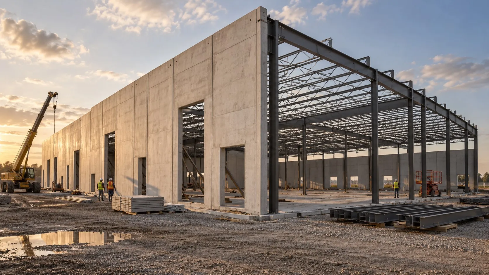 Large industrial building under construction with tall concrete walls and steel framework for the roof, set on a dirt lot with construction materials and a crane, under a partly cloudy sky at sunset.