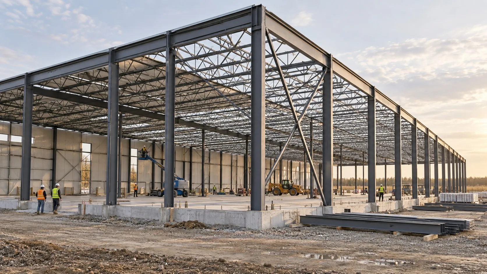 Construction site of a large industrial warehouse with steel framework and concrete foundation, several workers in safety gear, and construction equipment inside and around the structure under a partly cloudy sky at sunset.