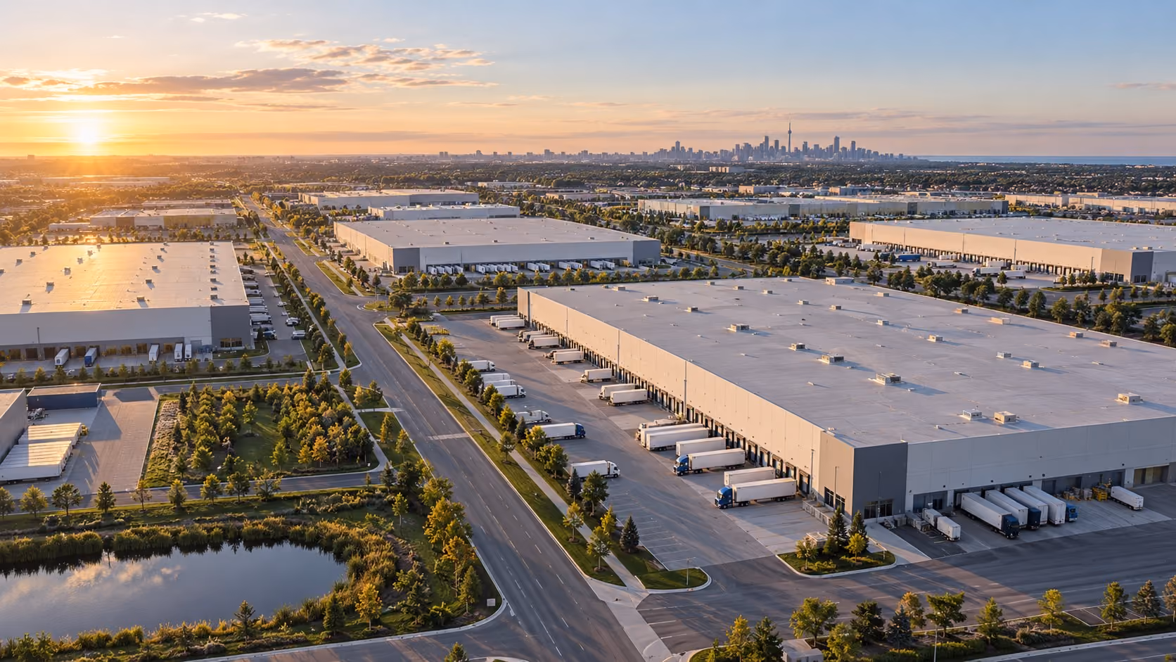 Aerial view of a modern industrial park with several large warehouse buildings, trucks parked at loading docks, green trees lining the streets, a small pond, and a city skyline visible in the distance during sunset.