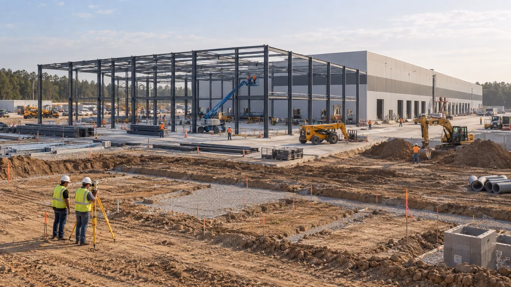 Construction site with workers and heavy machinery building a large industrial warehouse with steel framework and a completed section in the background.