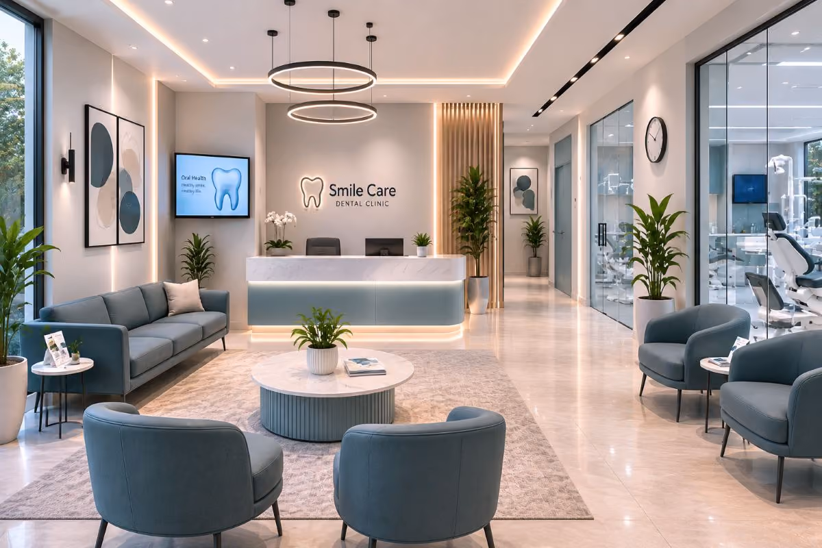 Dental clinic reception with curved front desk, teal lounge seating and glass-walled treatment rooms