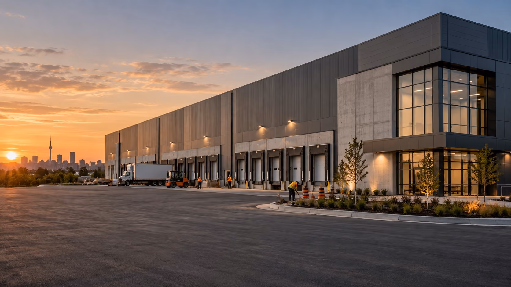 Large warehouse exterior with loading docks at sunset and a city skyline in the distance