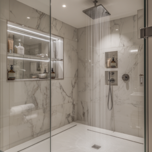 Modern shower renovation with glass enclosure and rainfall showerhead