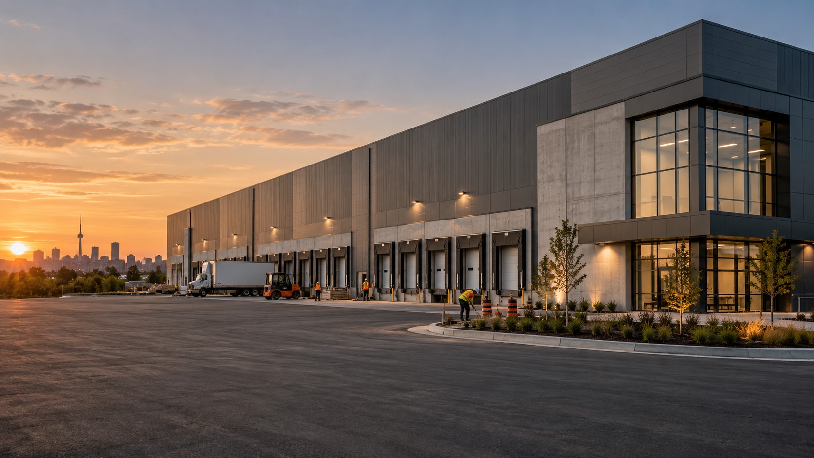 Modern Ontario warehouse at golden hour