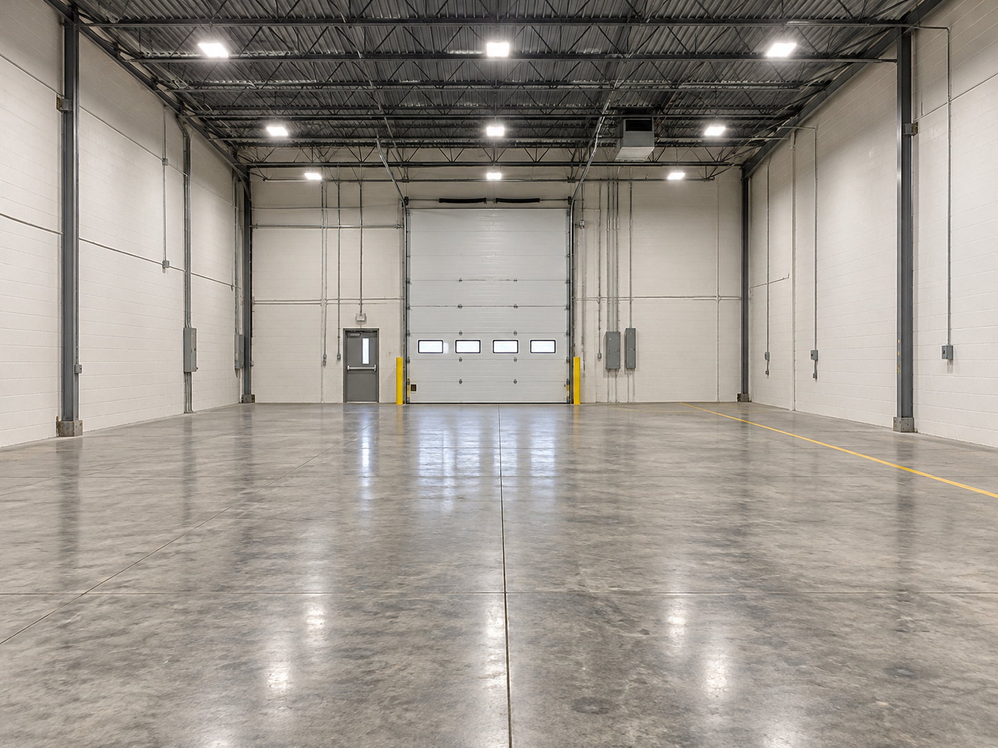 Tier 1 warehouse shell refresh with new lighting, painted walls and sealed floors in an existing building