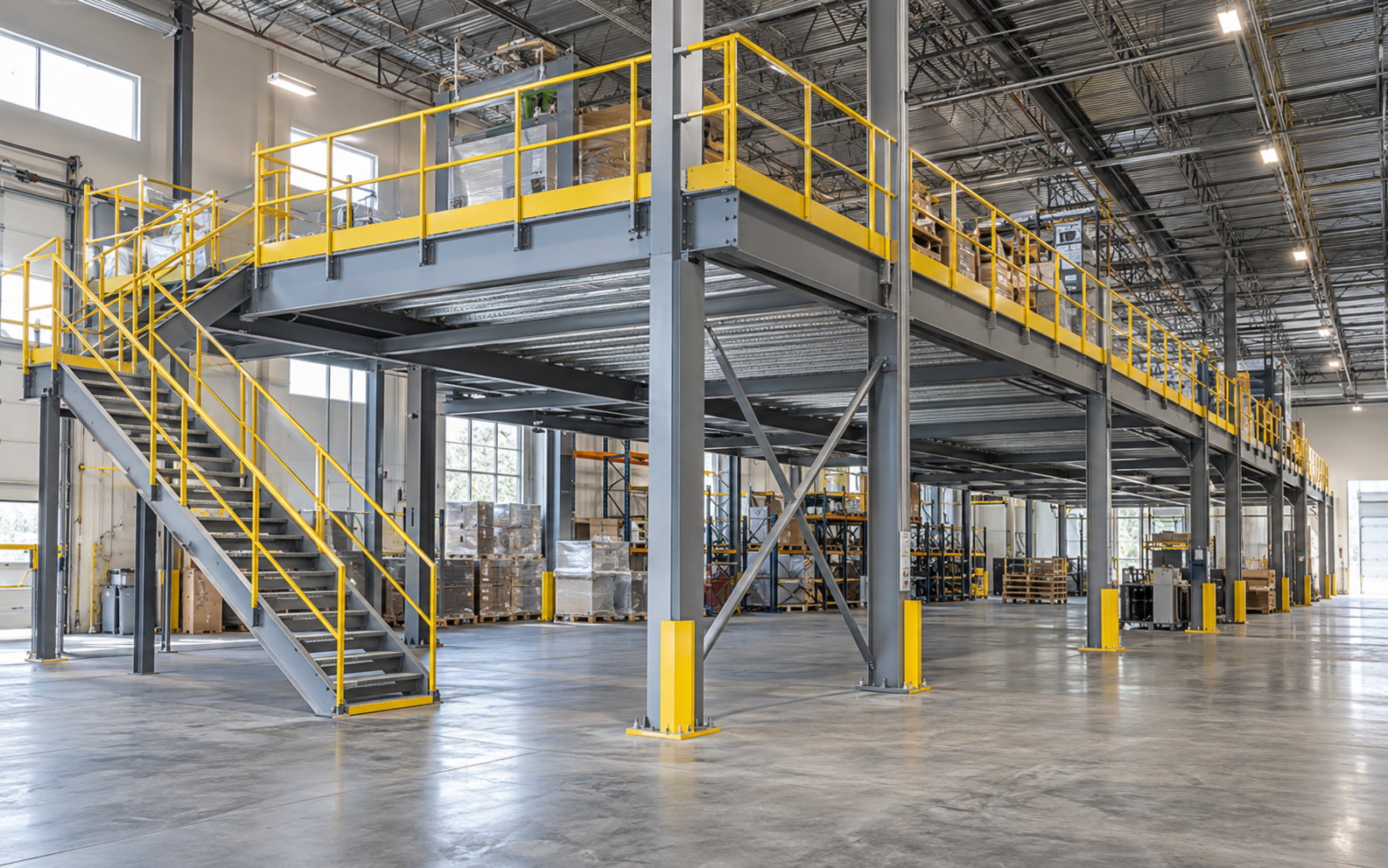Structural steel mezzanine platform with stairs and guardrails installed inside a warehouse