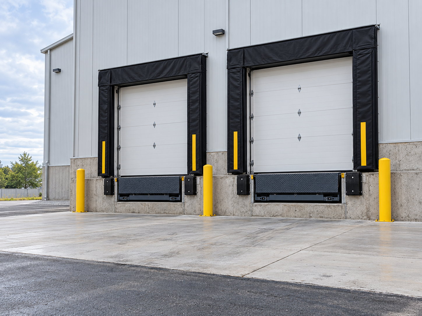Loading dock infrastructure with dock levelers, seals and overhead doors at a warehouse shipping bay