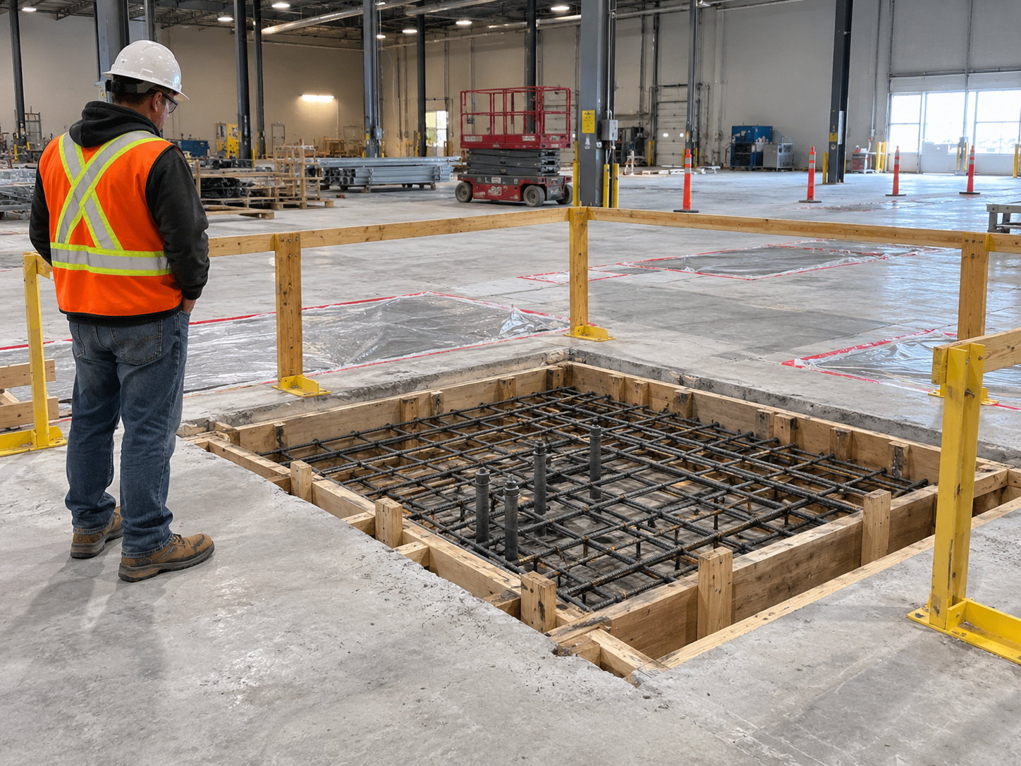 Phase 3 concrete and structural preparation with footings and slab work inside a warehouse