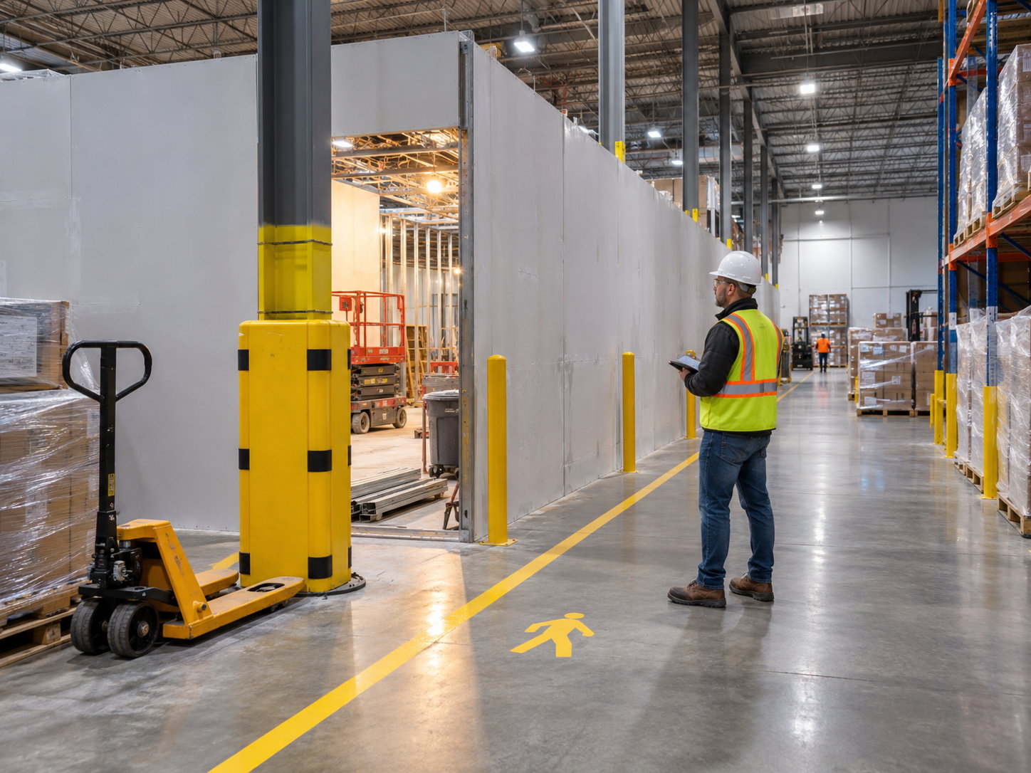 Construction zone separated from active warehouse operations with barriers while forklifts keep working
