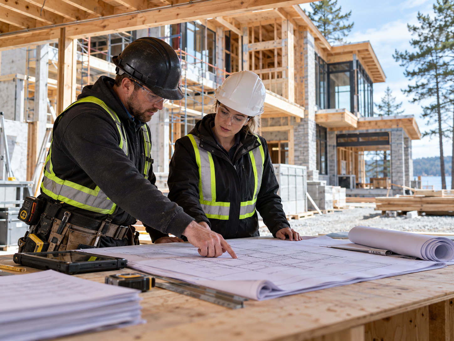 Construction manager reviewing drawings with a trade foreperson on a residential site