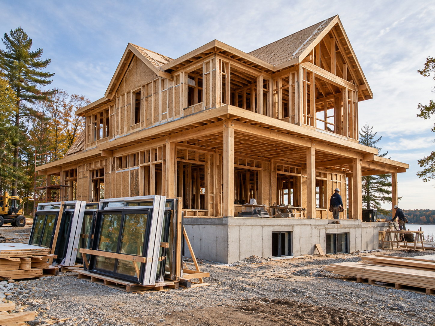 New residence under construction with a completed concrete foundation and timber framing