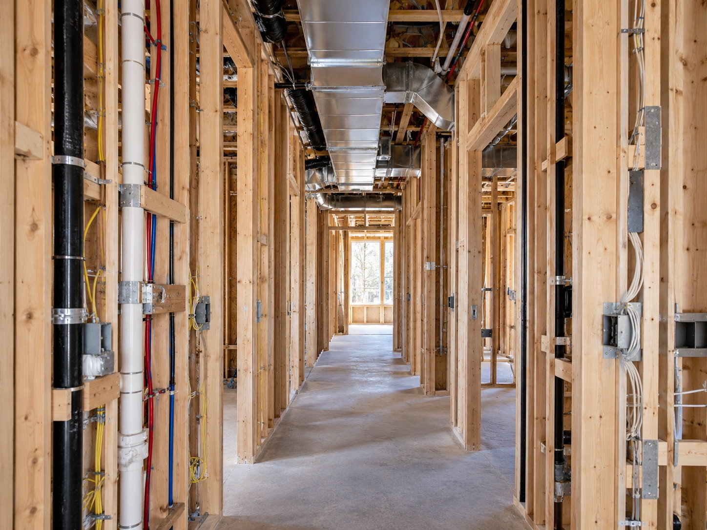Residential rough-in with HVAC trunks, plumbing lines and electrical runs