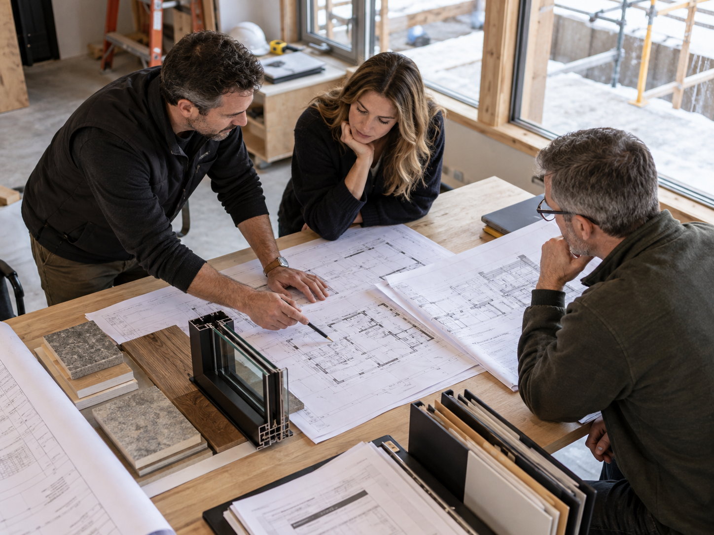 Consultant coordination meeting reviewing architectural and structural drawings