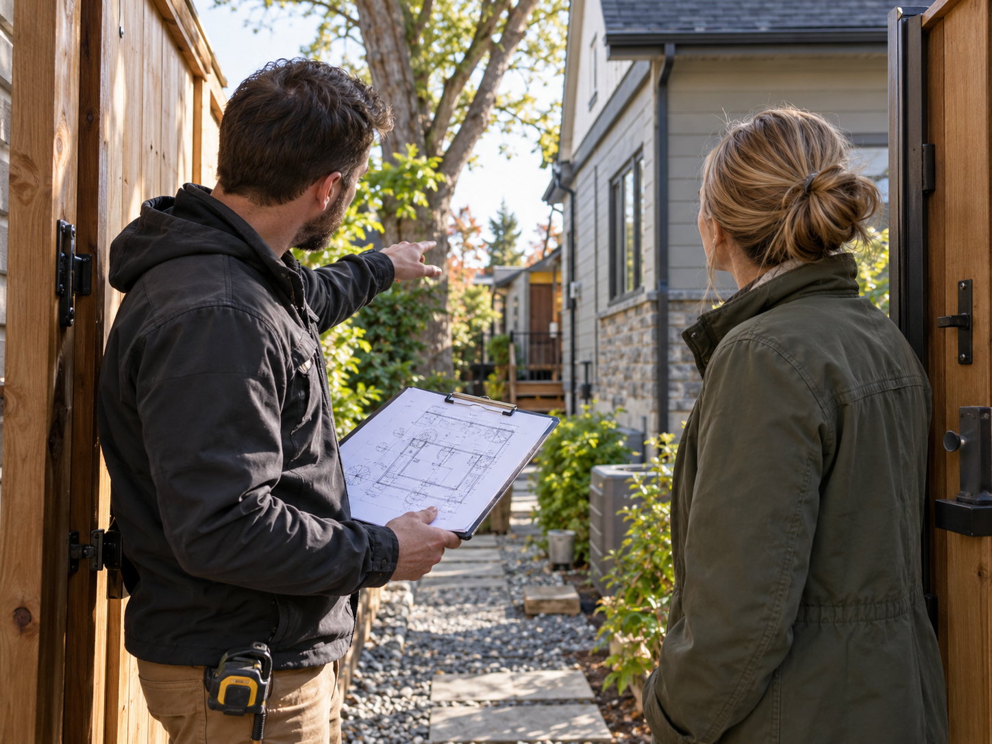 Builder and owner reviewing site access and a property plan at a side-yard gate