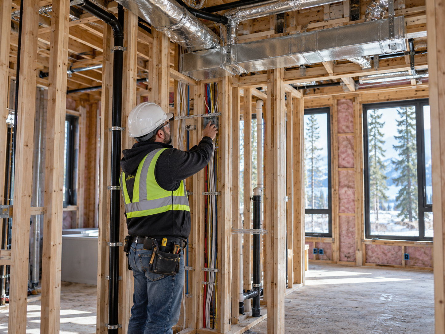 Residential interior at rough-in inspection with new framing, ducts and wiring