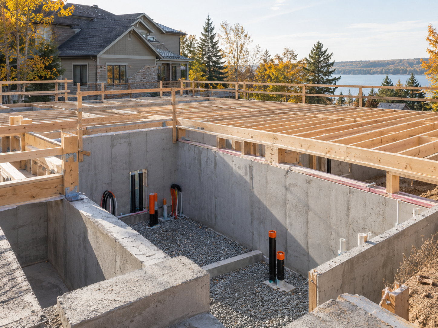 Residential concrete foundation walls and early floor framing