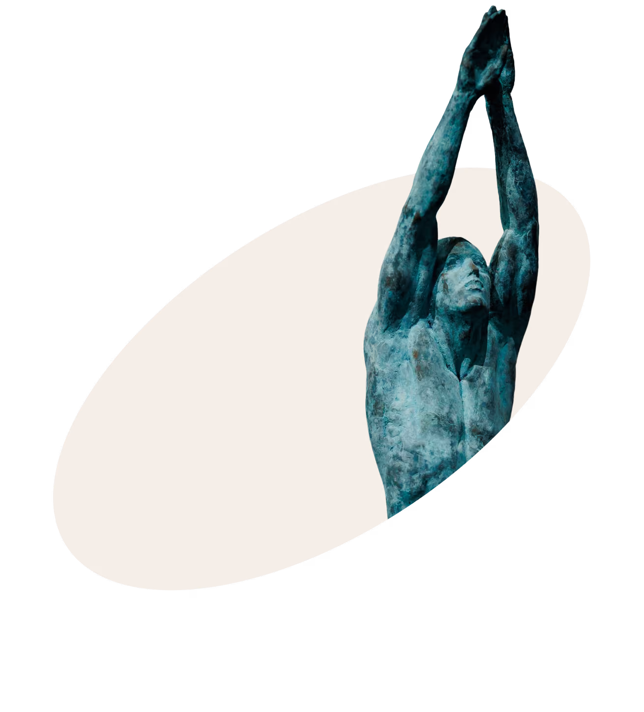 Green-blue statue of a muscular man with arms raised and hands clasped above his head.