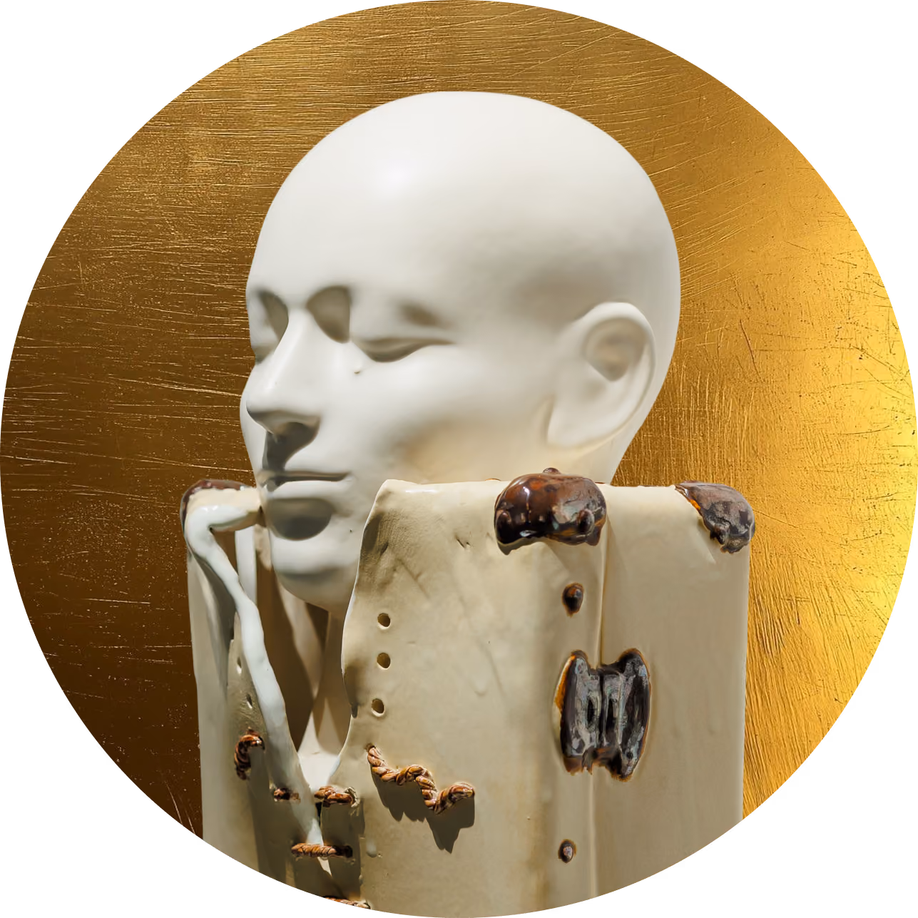 White sculpted head with closed eyes emerging from a rusty, industrial-style box against a gold background.